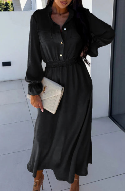 Desiree Button Detail Side Slit Maxi Dress-Black