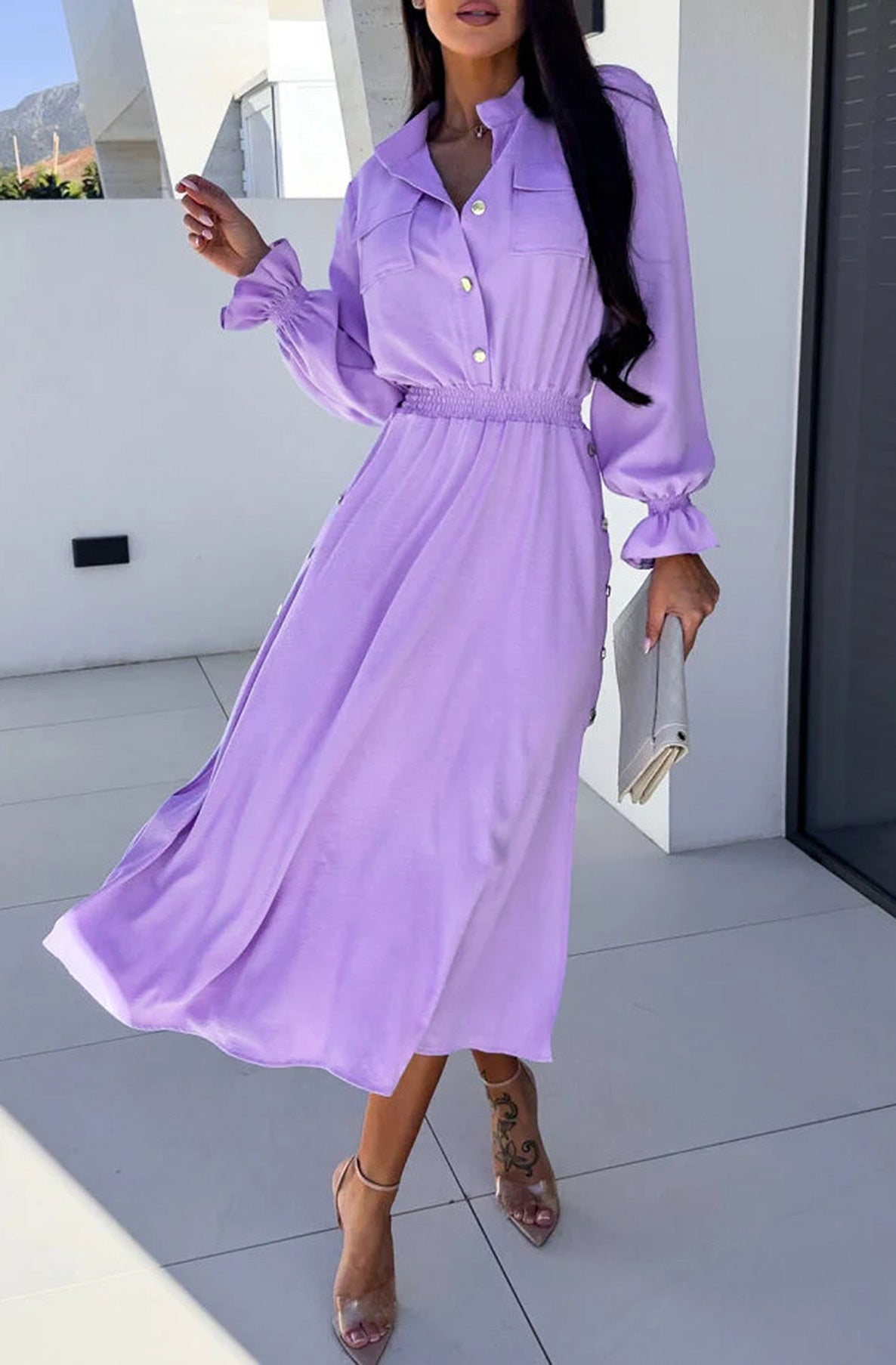 Desiree Button Detail Side Slit Maxi Dress-Lilac