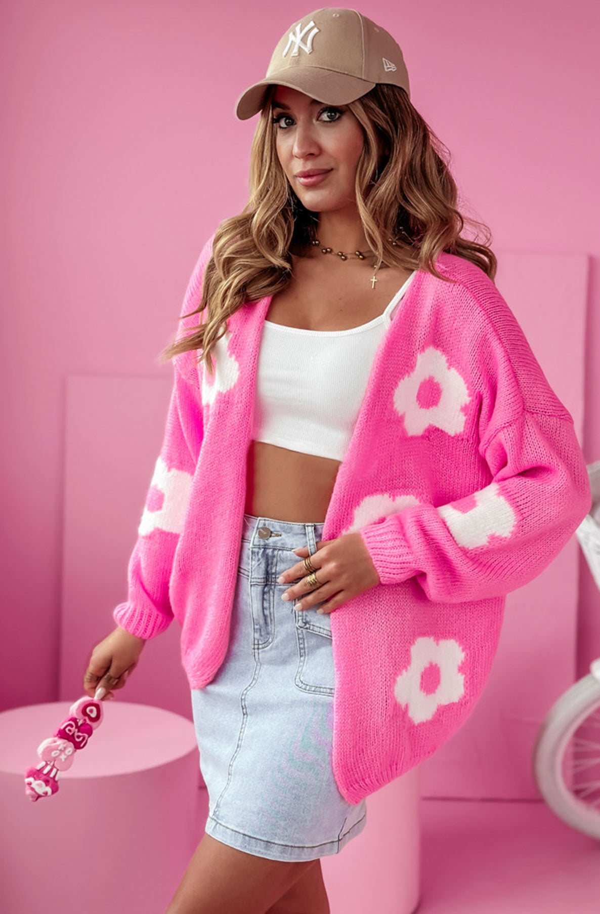 Ellie Floral Knitted Light Wear Cardigan-Pink