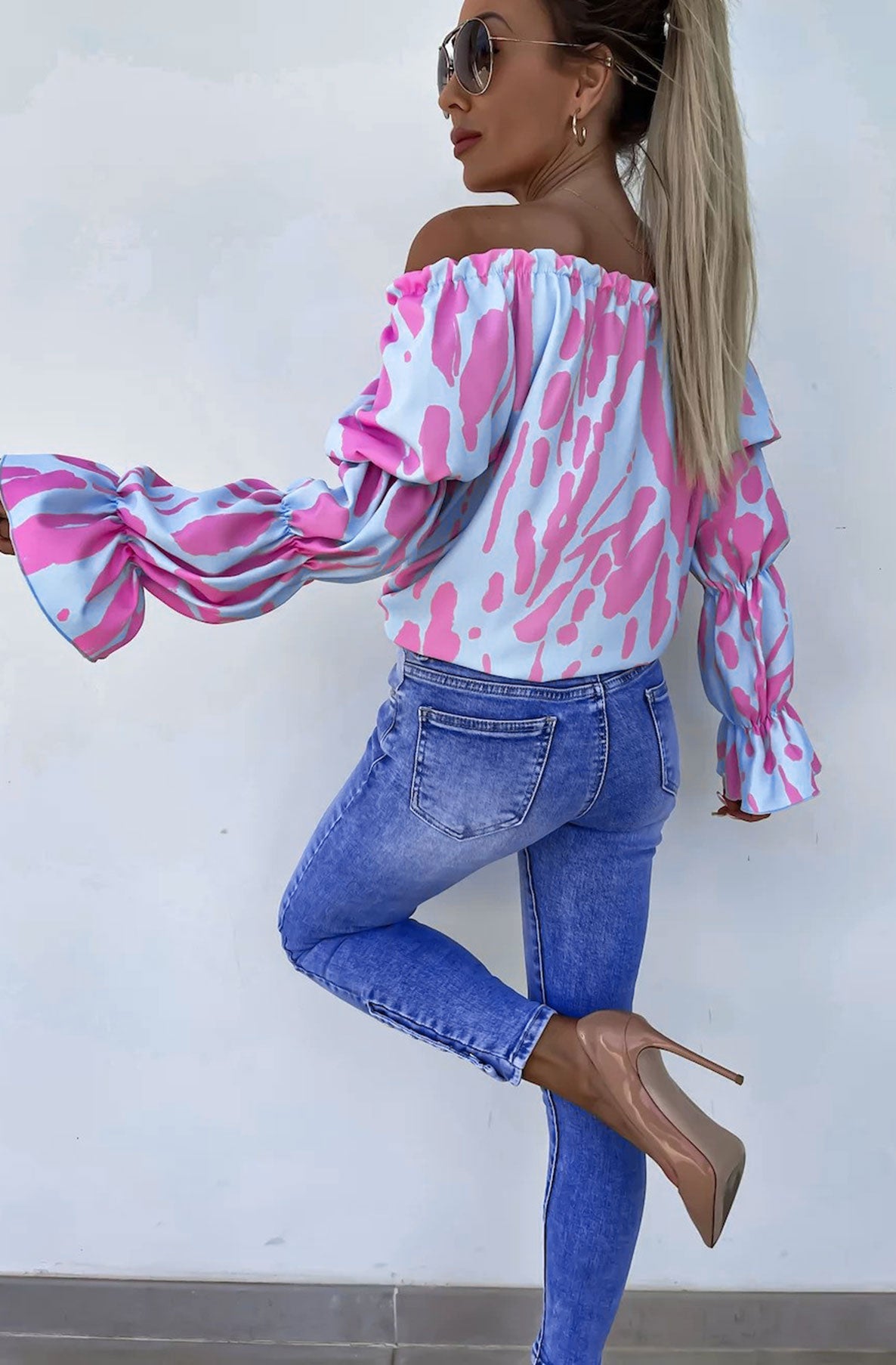 Jasmine Bardot Abstract Patterned Shirt Blouse Top-Blue