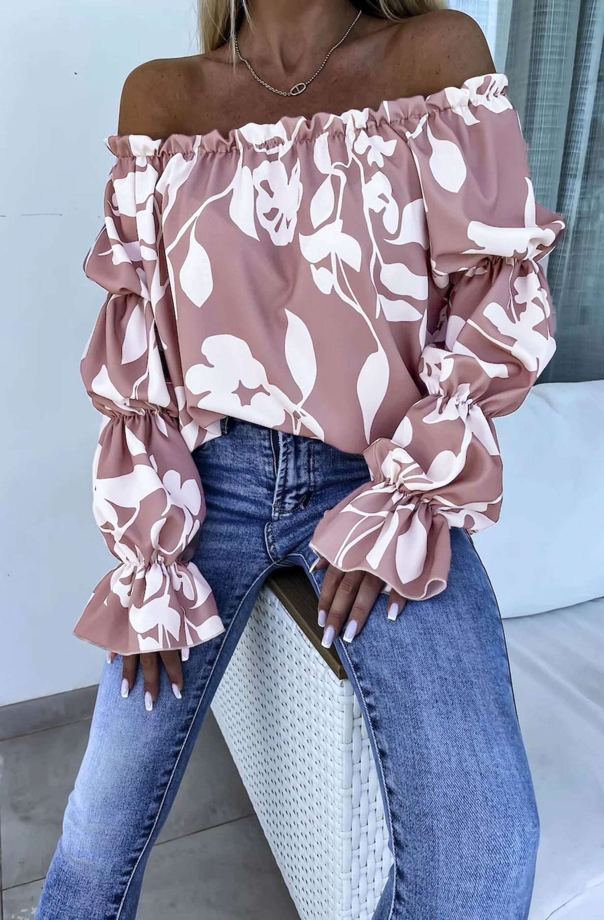 Jasmine Bardot Abstract Patterned Shirt Blouse Top-Mauve