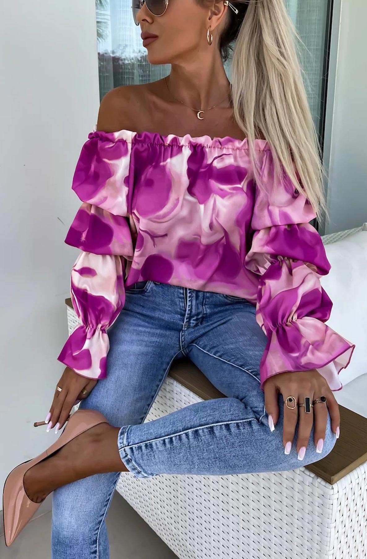 Jasmine Bardot Abstract Patterned Shirt Blouse Top-Purple