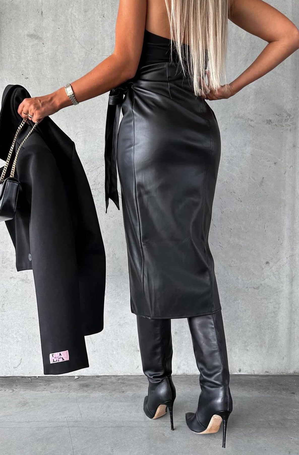 Kenya Faux Leather Front Wrap Skirt-Black
