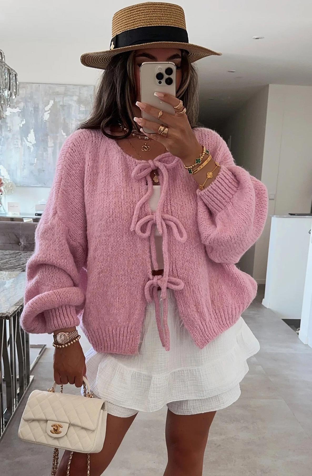 Meredith Tie-Up Knitted Cardigan-Pink - Main Image