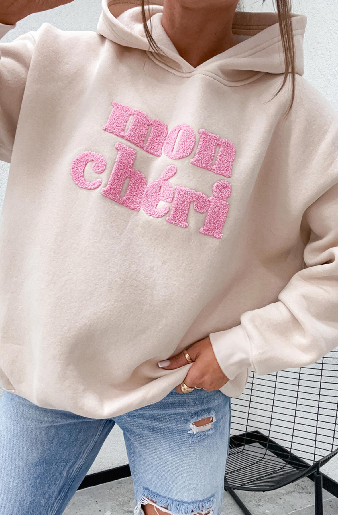 Mon Chéri Oversized Hooded Sweatshirt Jumper-Stone