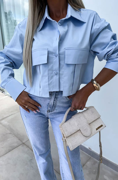 Sandie Cropped Pocket Detail Shirt Top-Blue