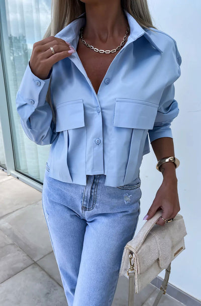 Sandie Cropped Pocket Detail Shirt Top-Blue