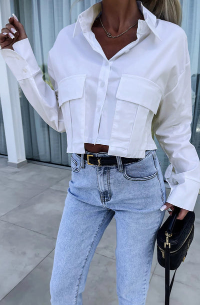 Sandie Cropped Pocket Detail Shirt Top-Ivory