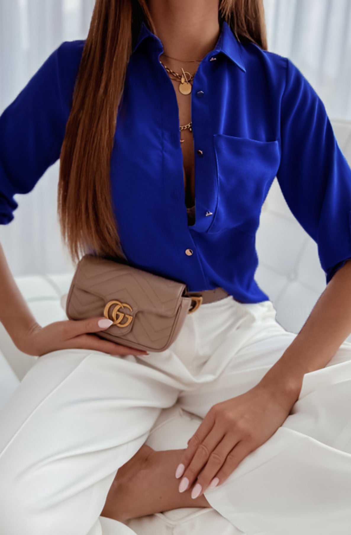Tania Pocket Detail Shirt Blouse Top-Royal Blue