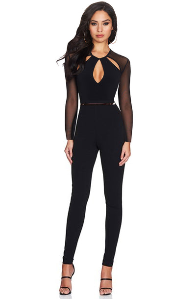 Tyra Cut Out Mesh Insert Jumpsuit-Black