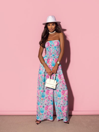 Shanaya Shirred Bandeau Floral Jumpsuit - Blue