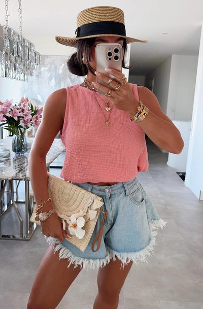 Adele Cropped Cotton Gauze Style Tie-Up Top-Coral