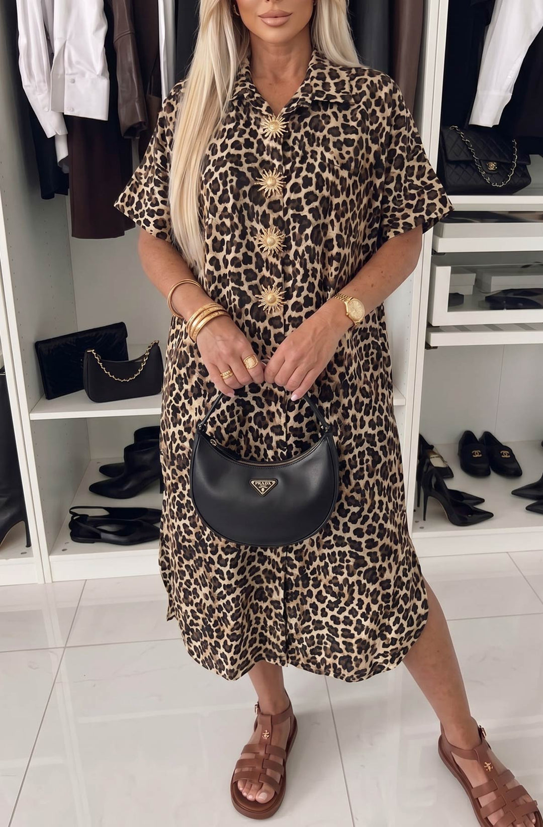 Adelina  Leopard Print Gold Button Short Sleeve Collared Maxi Shirt Dress