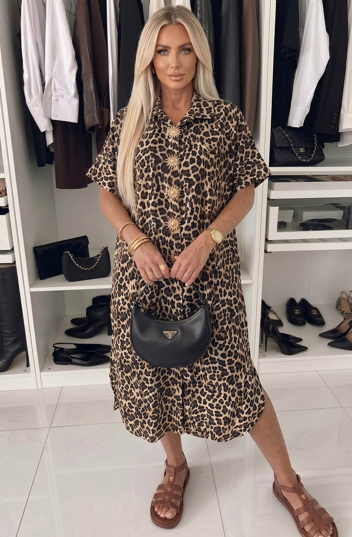 Adelina  Leopard Print Gold Button Short Sleeve Collared Maxi Shirt Dress