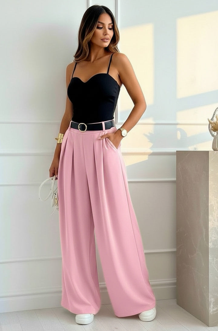 Alessia Palazzo Wide Leg Belted Trousers-Baby Pink