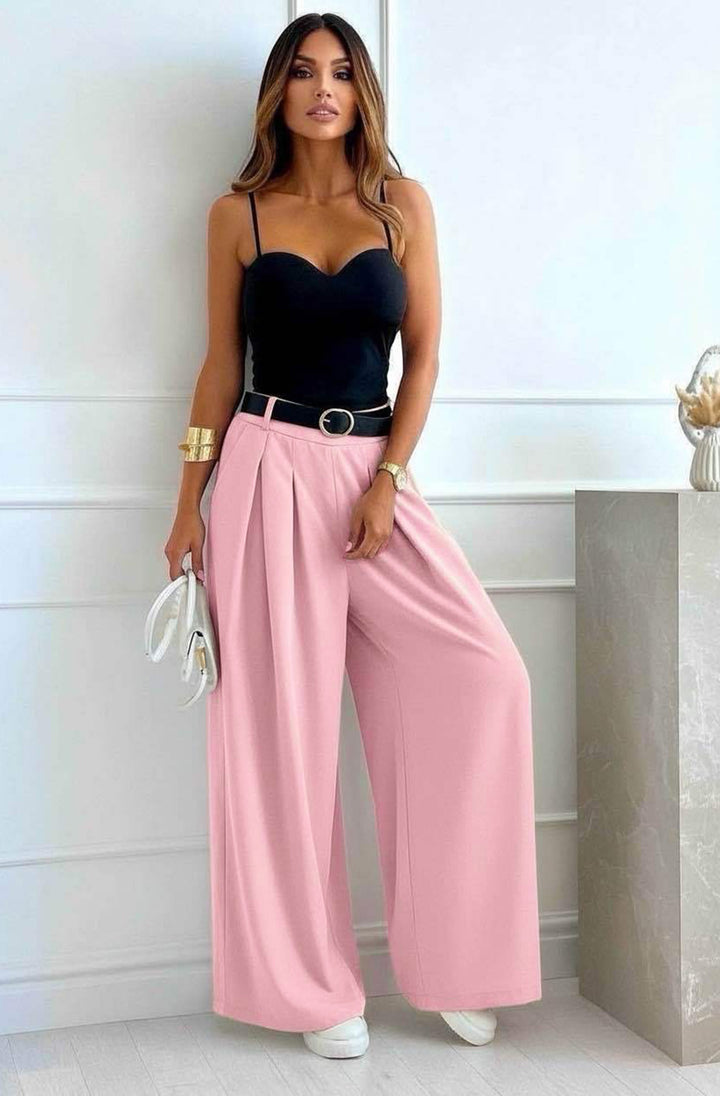 Alessia Palazzo Wide Leg Belted Trousers-Baby Pink