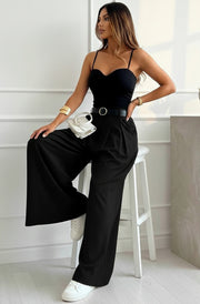 Alessia Palazzo Wide Leg Belted Trousers-Black