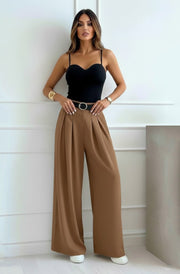 Alessia Palazzo Wide Leg Belted Trousers-Camel