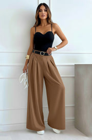 Alessia Palazzo Wide Leg Belted Trousers-Camel