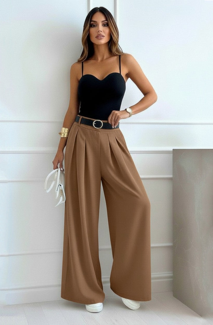 Alessia Palazzo Wide Leg Belted Trousers-Camel
