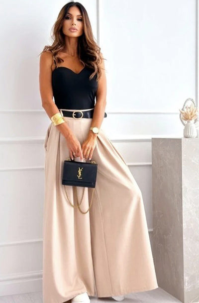 Alessia Palazzo Wide Leg Belted Trousers-Stone