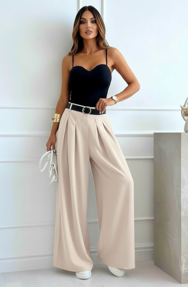 Alessia Palazzo Wide Leg Belted Trousers-Stone