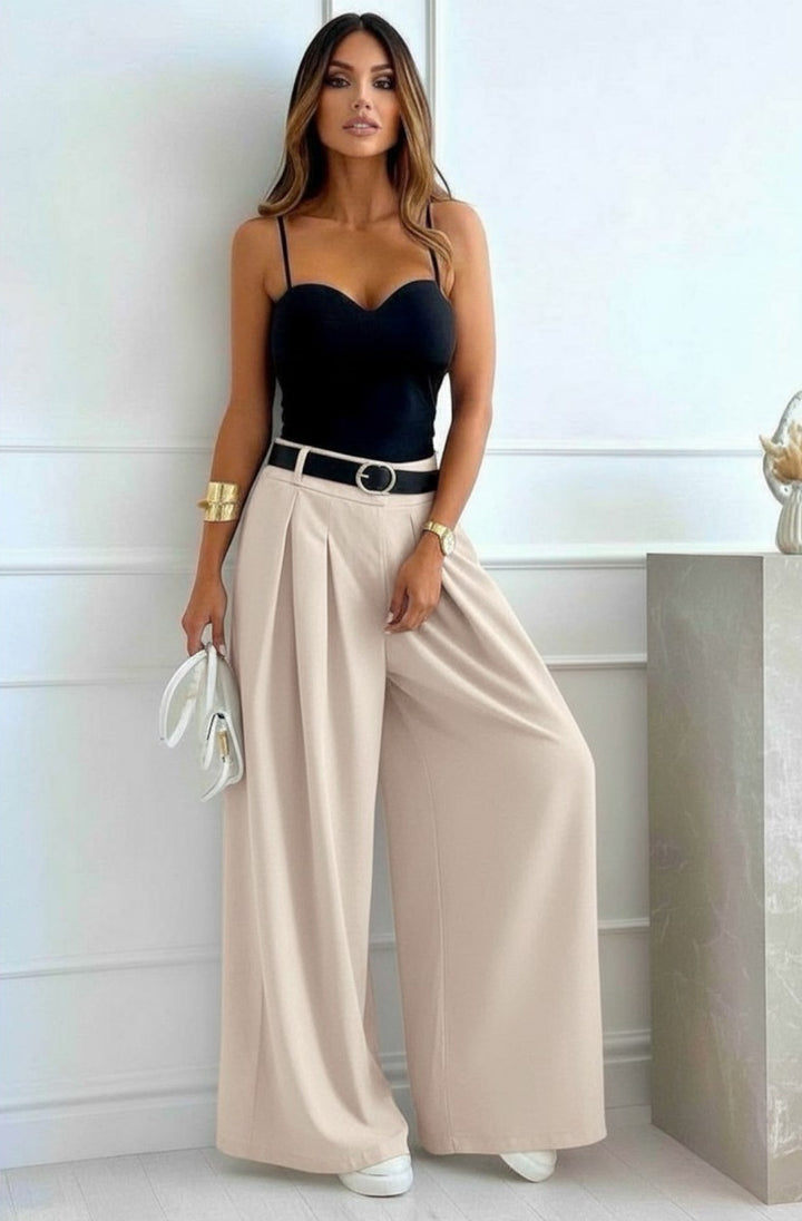 Alessia Palazzo Wide Leg Belted Trousers-Stone