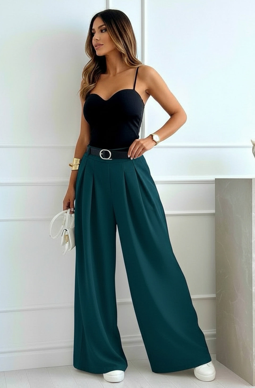 Alessia Palazzo Wide Leg Belted Trousers - Teal