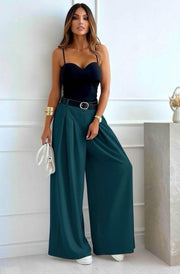 Alessia Palazzo Wide Leg Belted Trousers-Teal