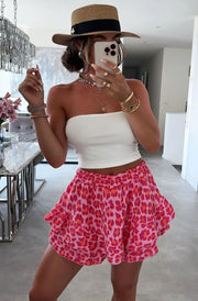 Alicia Leopard Animal Cotton Gauze Style Frill Skort-Pink