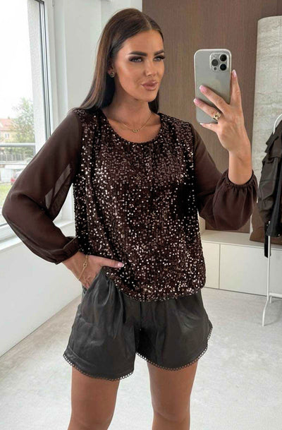 Alina Sequin Front Panel  Chiffon Blouse Top-Brown