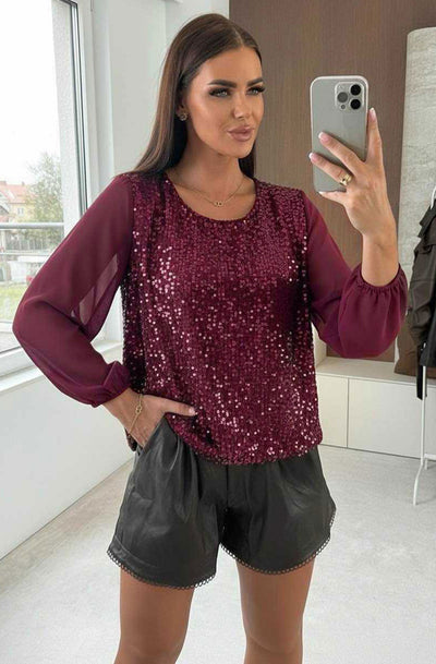 Alina Sequin Front Panel  Chiffon Blouse Top-Wine