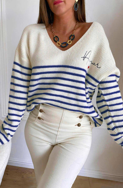 Alisa Striped 'AMOR' Knitted Jumper Sweater Top-Royal Blue