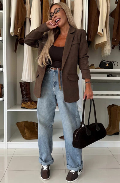 Alma Classic Fit Suede-Look Velour Blazer Jacket-Brown