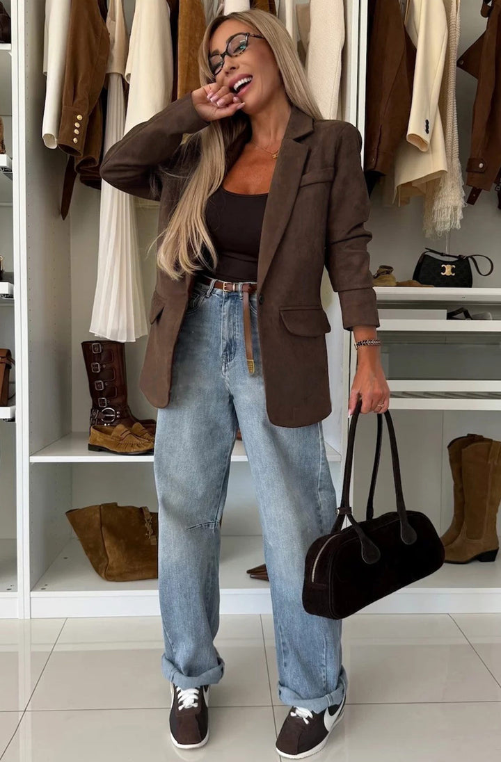 Alma Classic Fit Suede-Look Velour Blazer Jacket-Brown