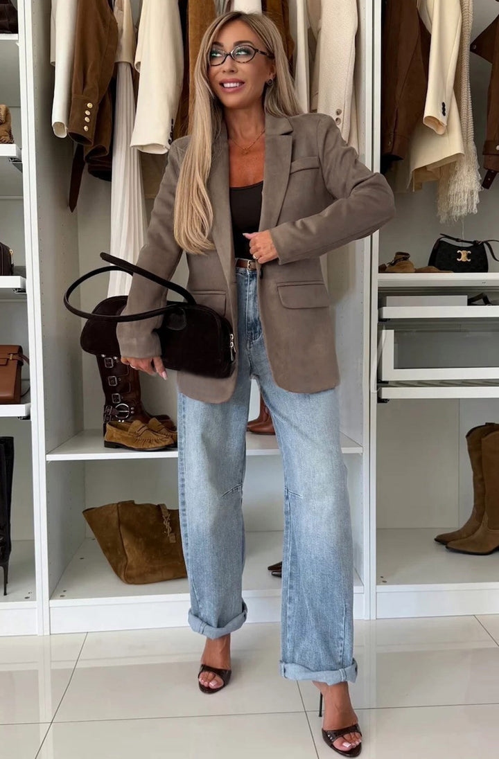 Alma Classic Fit Suede-Look Velour Blazer Jacket-Mocha