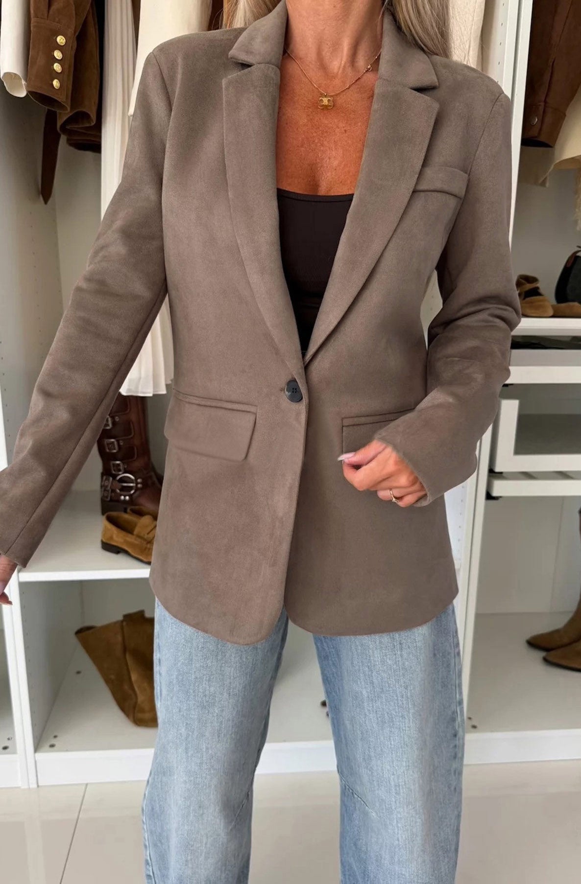 Alma Classic Fit Suede-Look Velour Blazer Jacket-Mocha