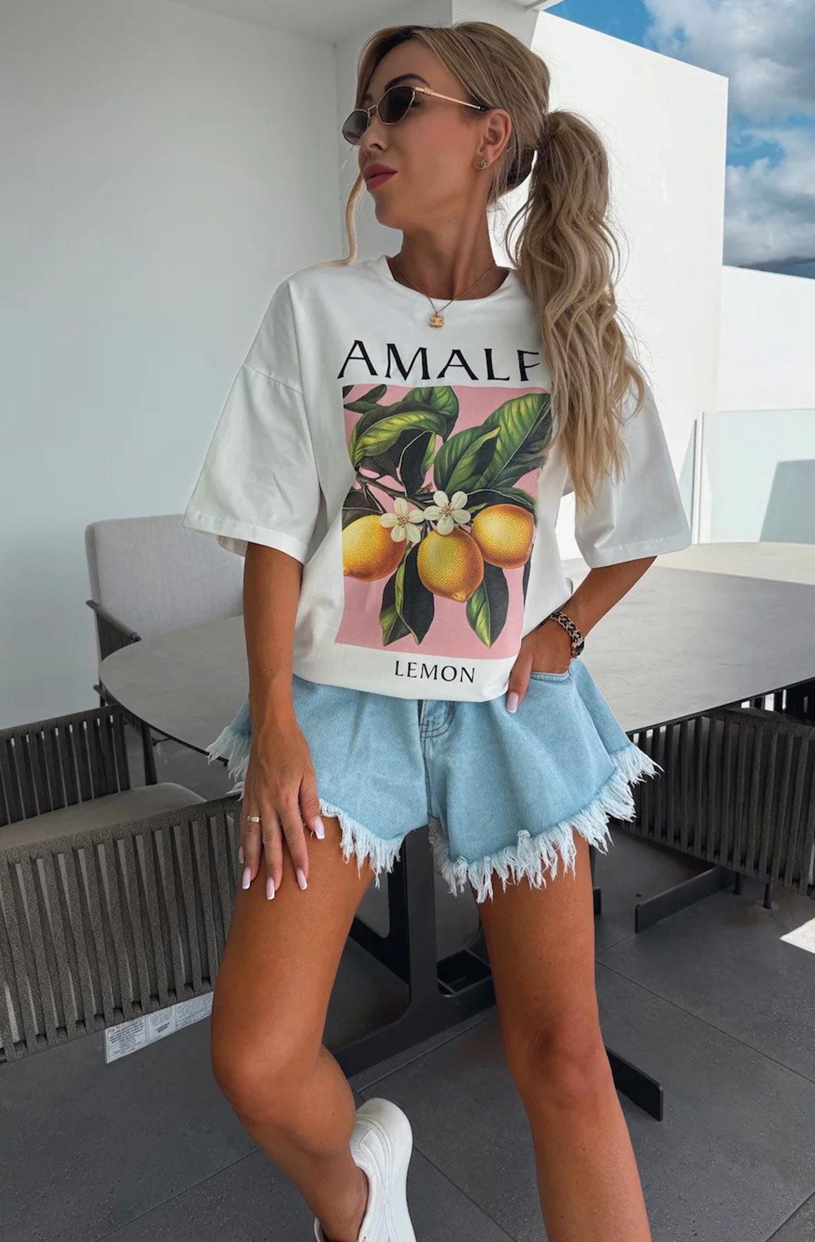 'Amalfi' Lemon Graphic Printed T. Shirt Top-Ivory