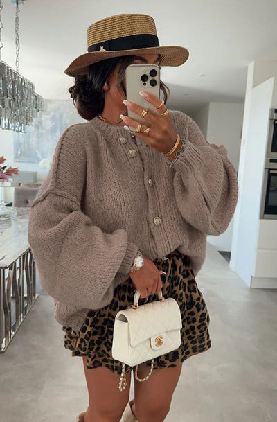 Amara Oversized Gold Button Cardigan-Camel