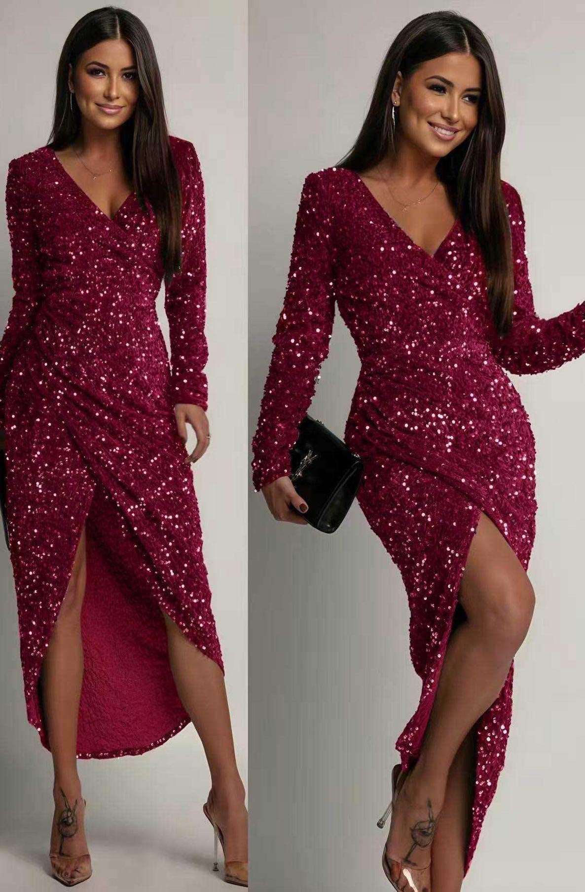 Amaris Front Slit Sequin Wrap Midaxi Dress-Wine