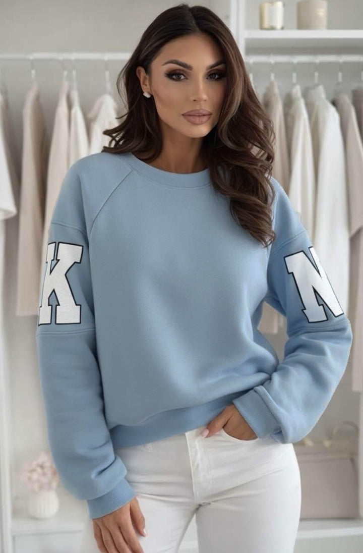 Amber ‘RKNE’ Oversized Raglan Letter Sleeve Sweatshirt Top - Blue
