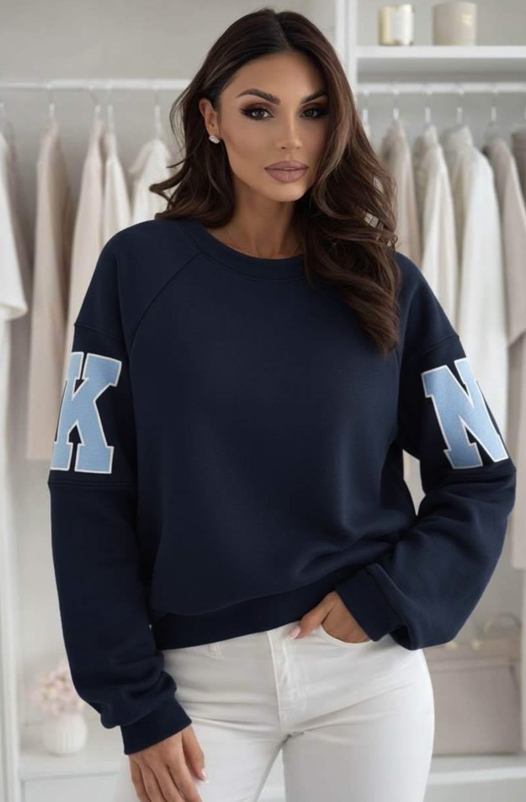 Amber ‘RKNE’ Oversized Raglan Letter Sleeve Sweatshirt Top - Navy