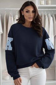 Amber ‘RKNE’ Oversized Raglan Letter Sleeve Sweatshirt Top-Navy