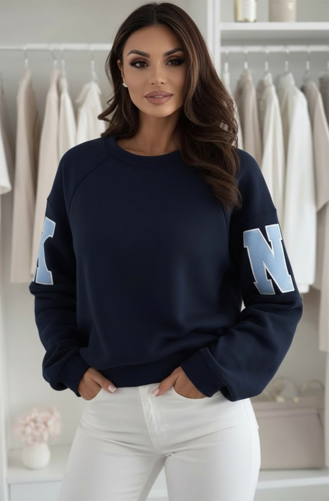Amber ‘RKNE’ Oversized Raglan Letter Sleeve Sweatshirt Top - Navy