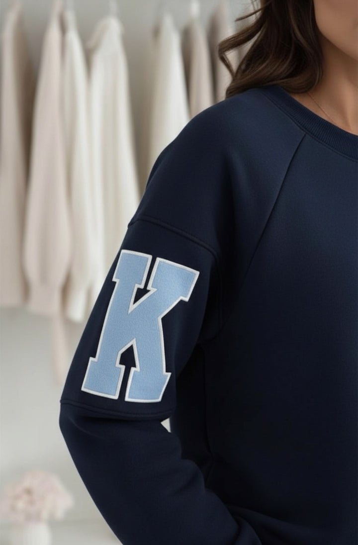 Amber ‘RKNE’ Oversized Raglan Letter Sleeve Sweatshirt Top-Navy