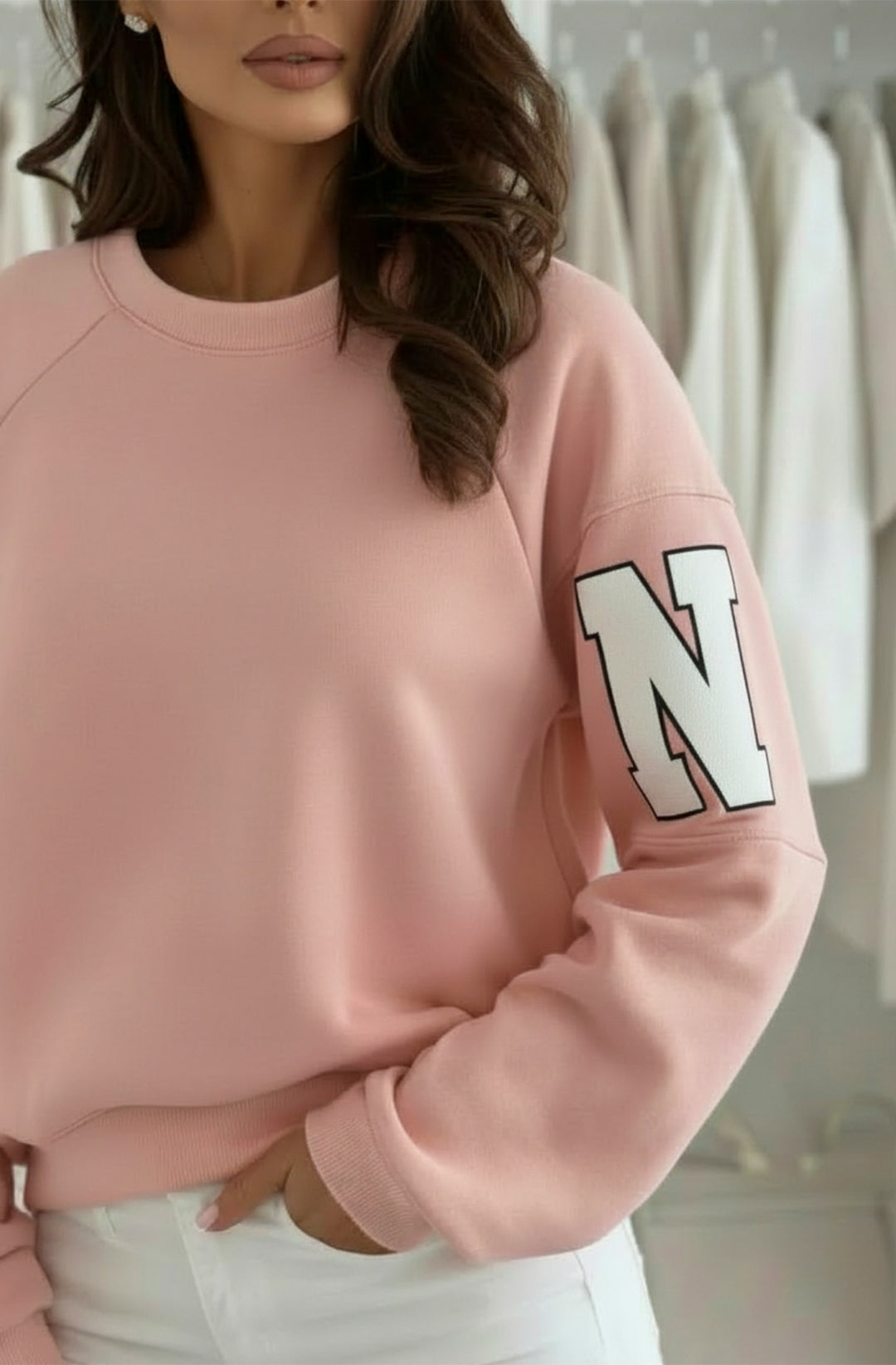 Amber ‘RKNE’ Oversized Raglan Letter Sleeve Sweatshirt Top - Pink