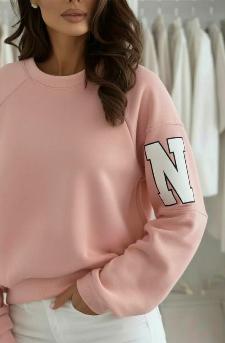 Amber ‘RKNE’ Oversized Raglan Letter Sleeve Sweatshirt Top - Pink