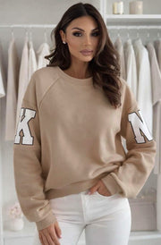 Amber ‘RKNE’ Oversized Raglan Letter Sleeve Sweatshirt Top-Stone