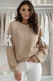 Amber ‘RKNE’ Oversized Raglan Letter Sleeve Sweatshirt Top-Stone