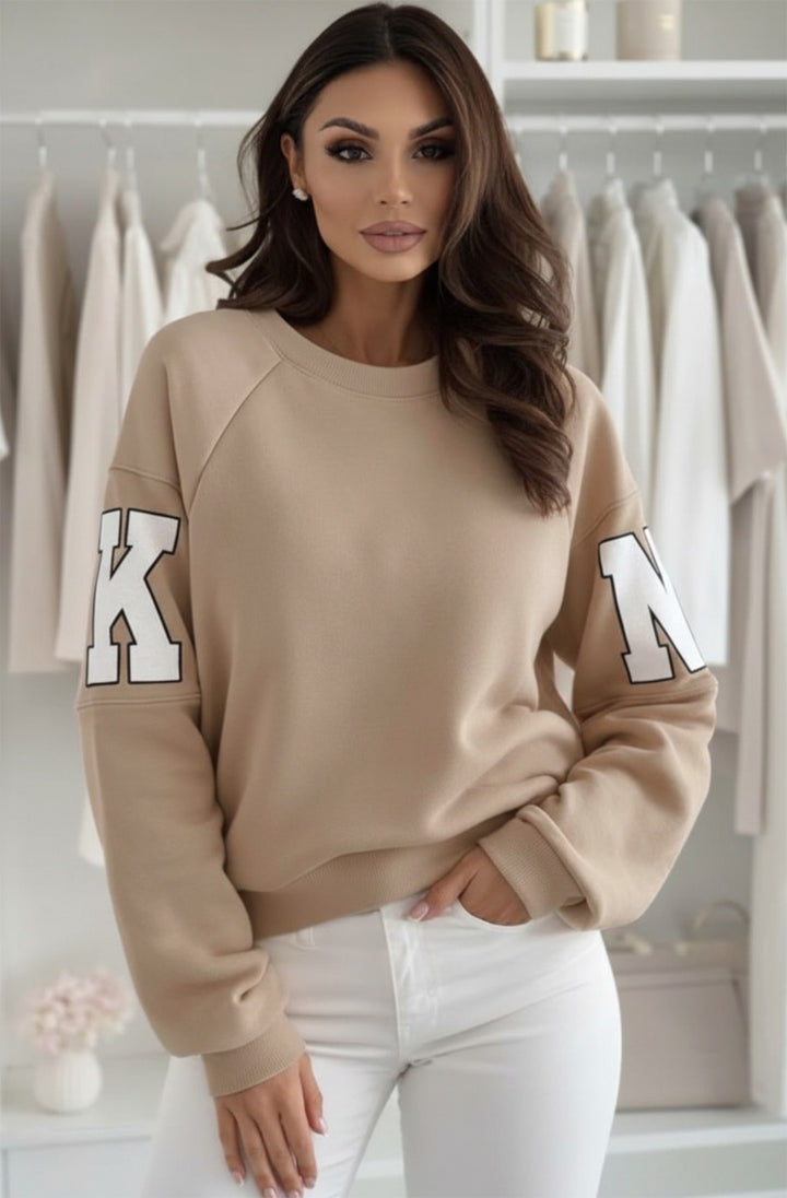 Amber ‘RKNE’ Oversized Raglan Letter Sleeve Sweatshirt Top-Stone